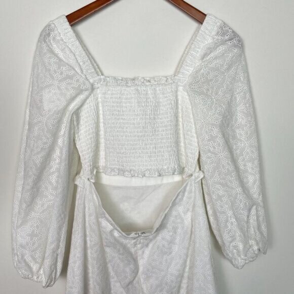 Veronica Beard Revolve Denise Smocked Long Sleeve Eyelet Mini Dress Off White 4 - Picture 7 of 14